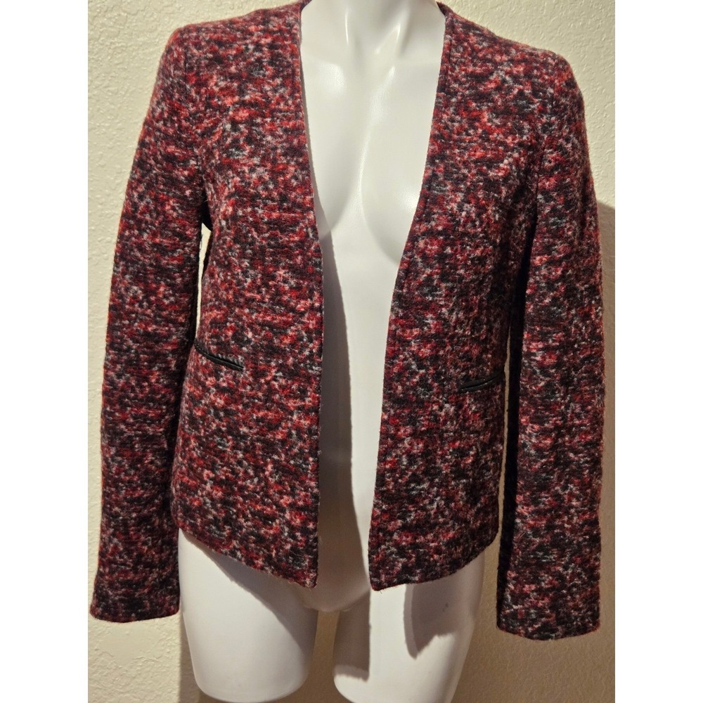 Ann Taylor Wool Blend Tweed Blazer Red Black Open‎ Front Jacket Womens Medium